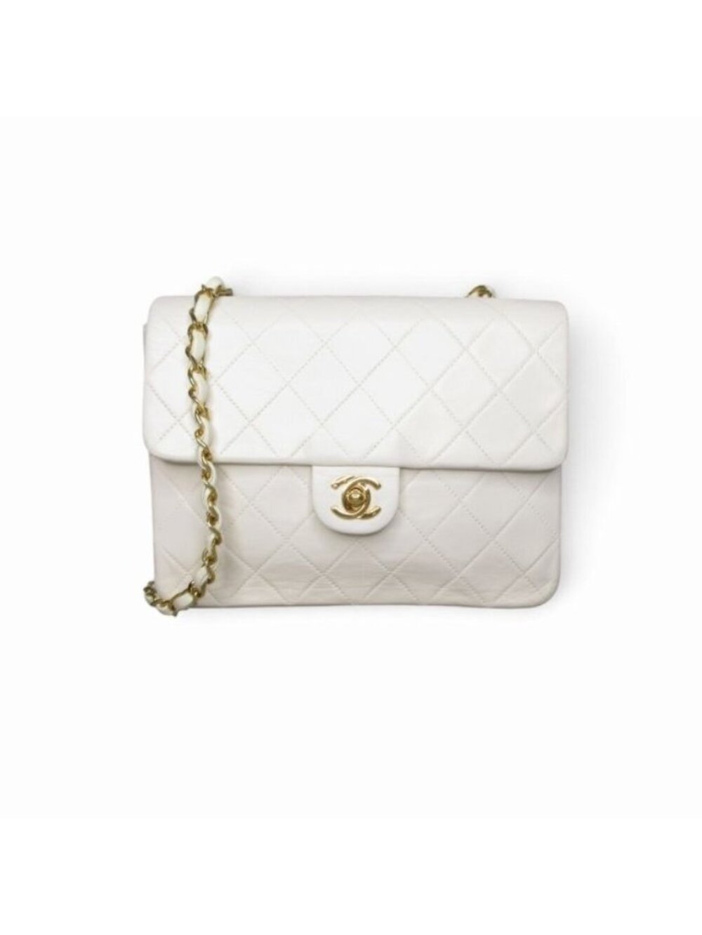 Chanel Quilted Chain Shoulder Bag Cross Lambskin White